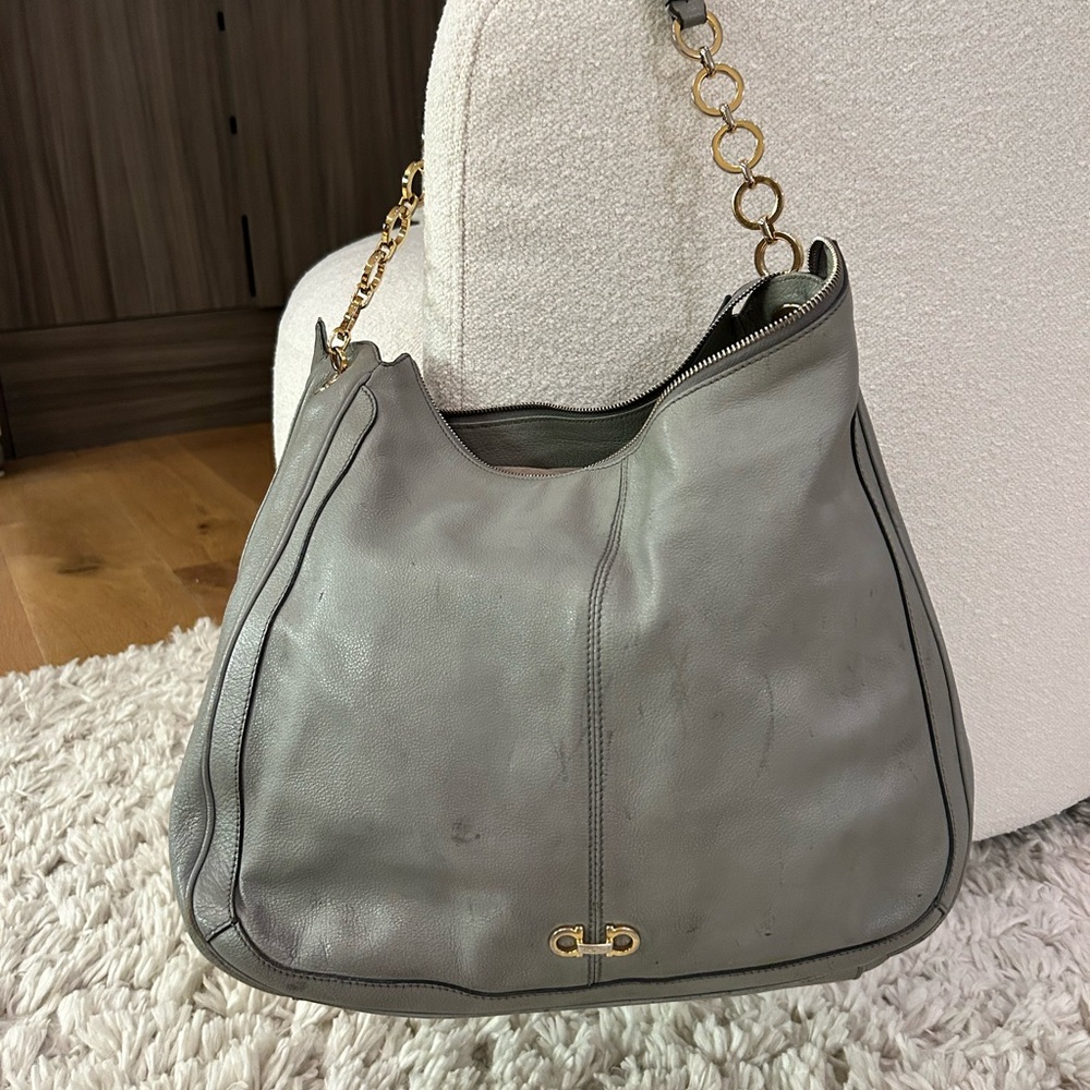 Salvatore Ferragamo Gray Leather Hobo Bag with Gold Chain vintage